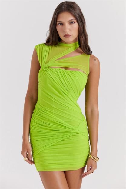 Solid Mesh Knotted Cut Out Mini Dress