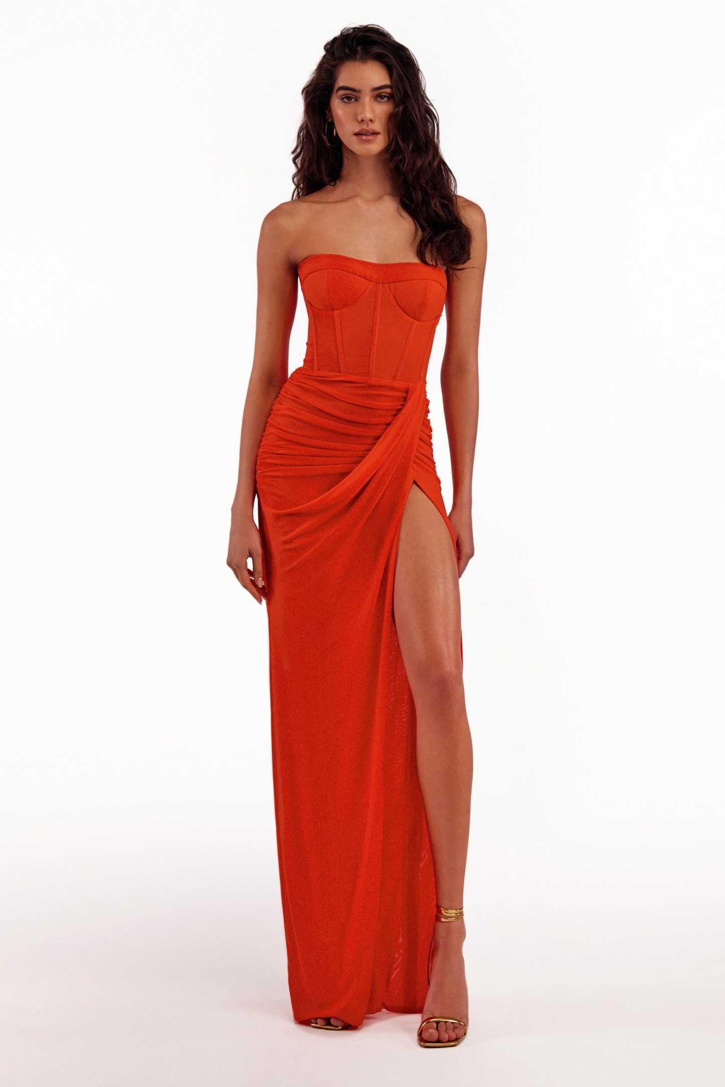 Corset Ruched Strapless Split Maxi Dress