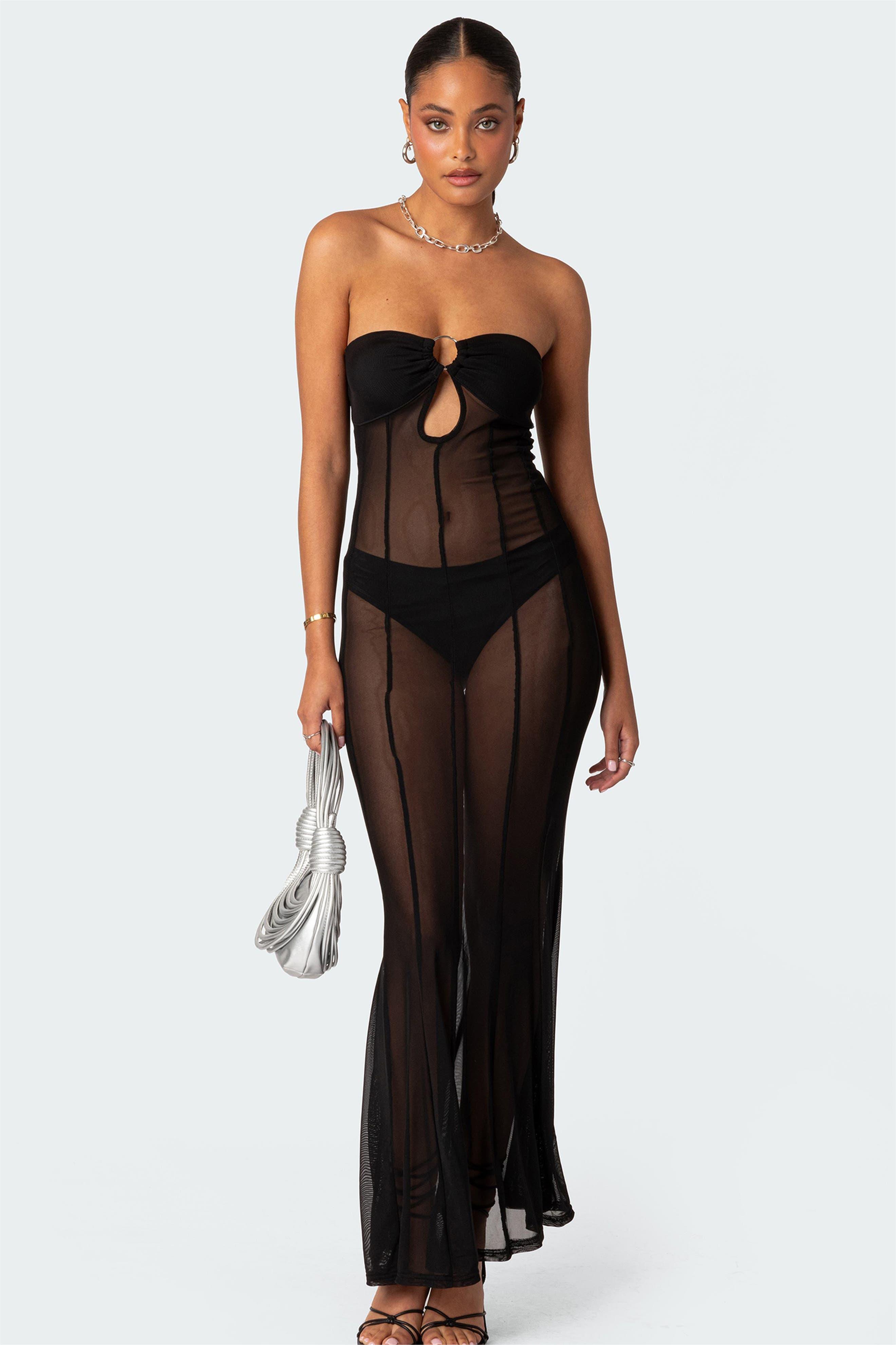 Mesh Cut Out Shirring Maxi Dress