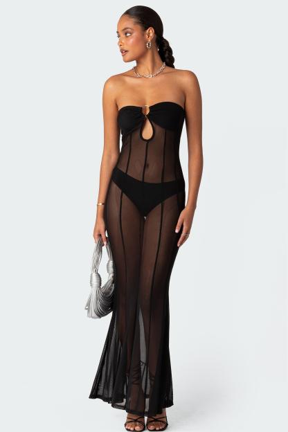 Mesh Cut Out Shirring Maxi Dress