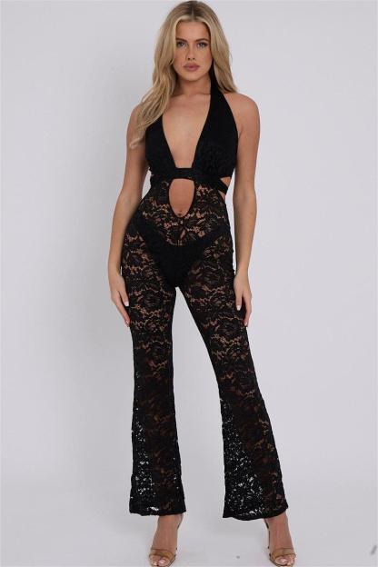 Solid Lace Cut Out See-Through Low Waist Jumpsuit