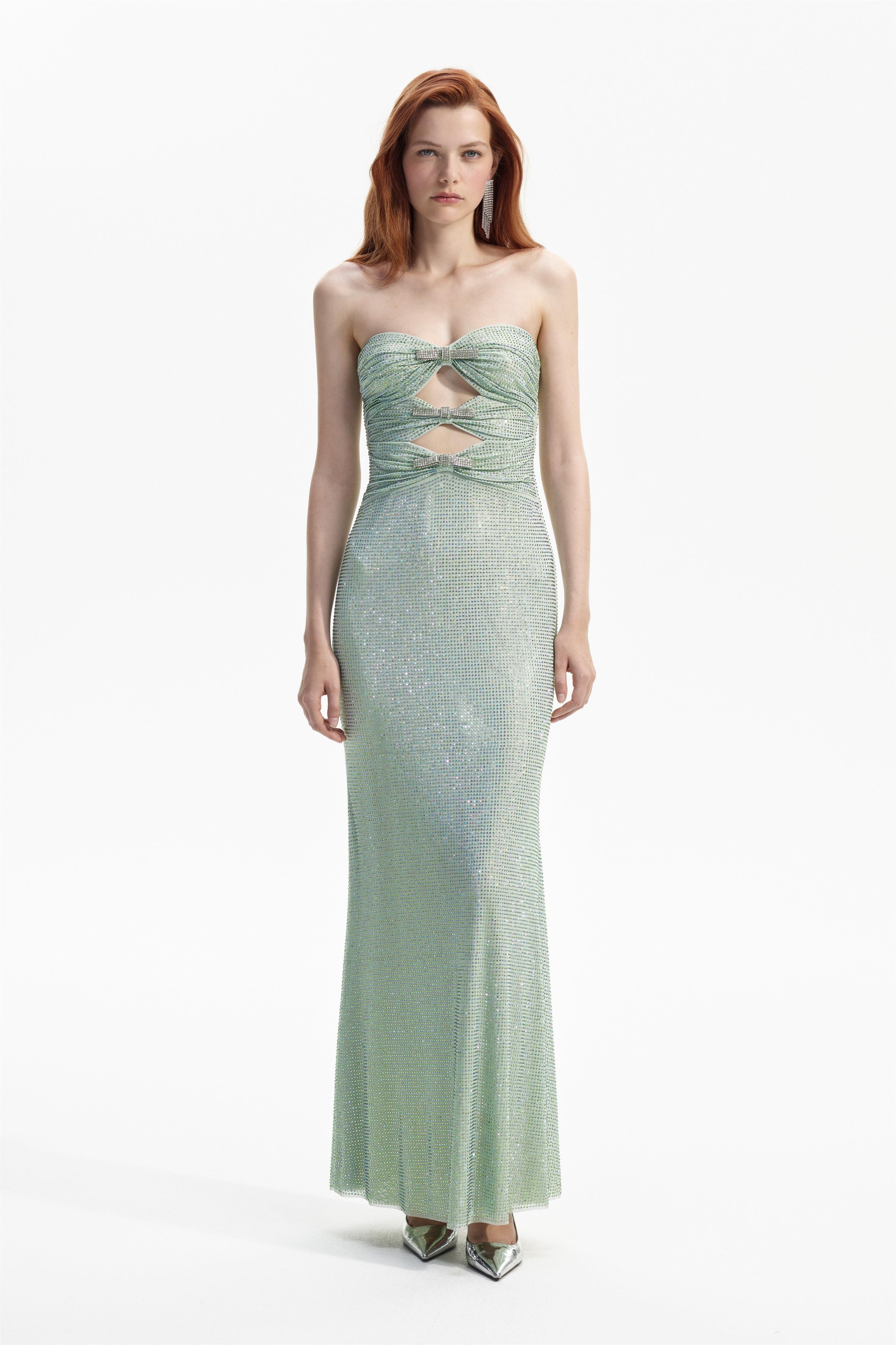 Rhinestone Mesh Strapless Cut Out Maxi Dress