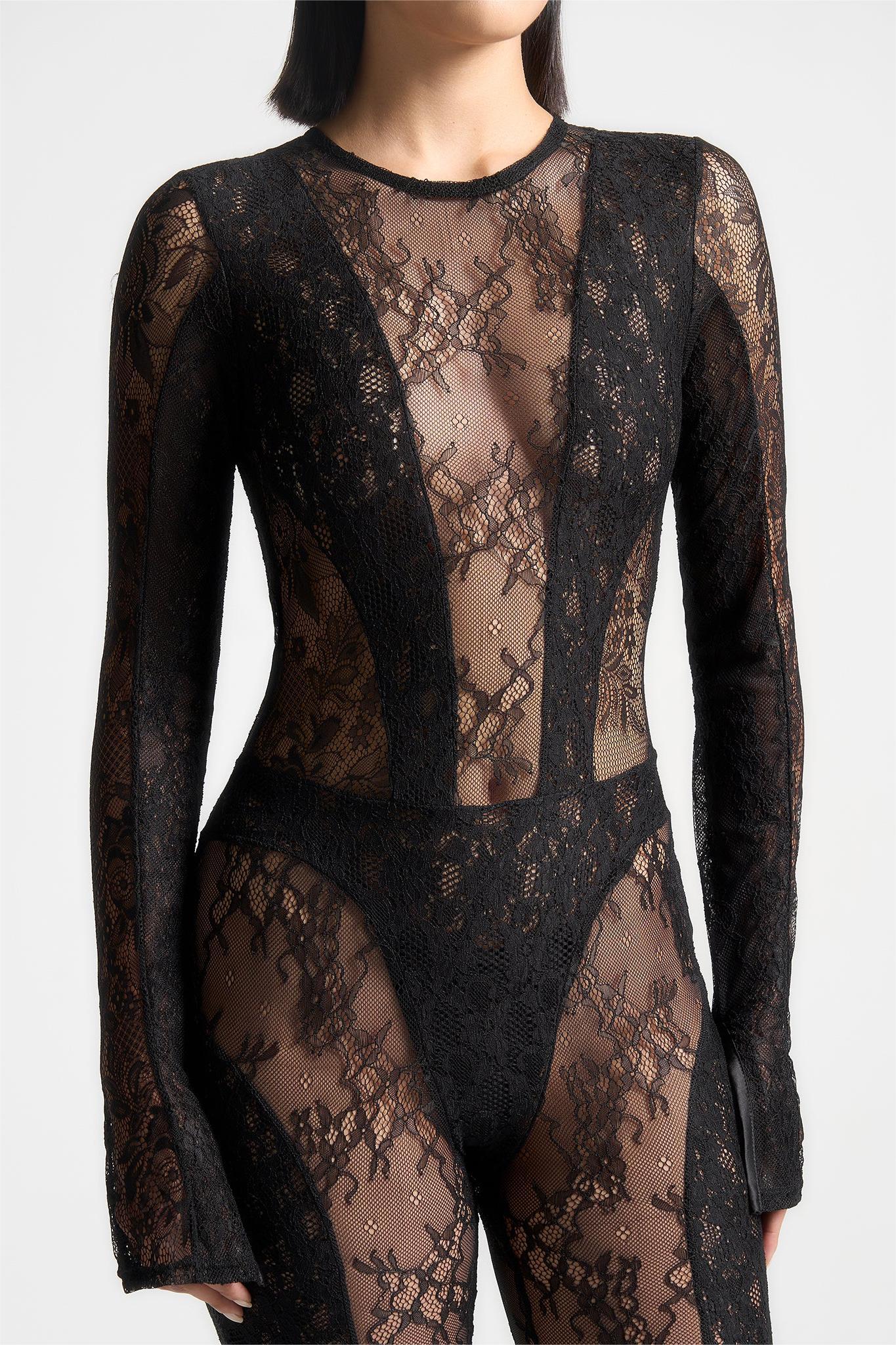 Lace See-Through Long Sleeve Faux Pearl Chain Jumpsuit