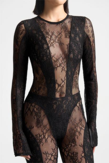 Lace See-Through Long Sleeve Faux Pearl Chain Jumpsuit