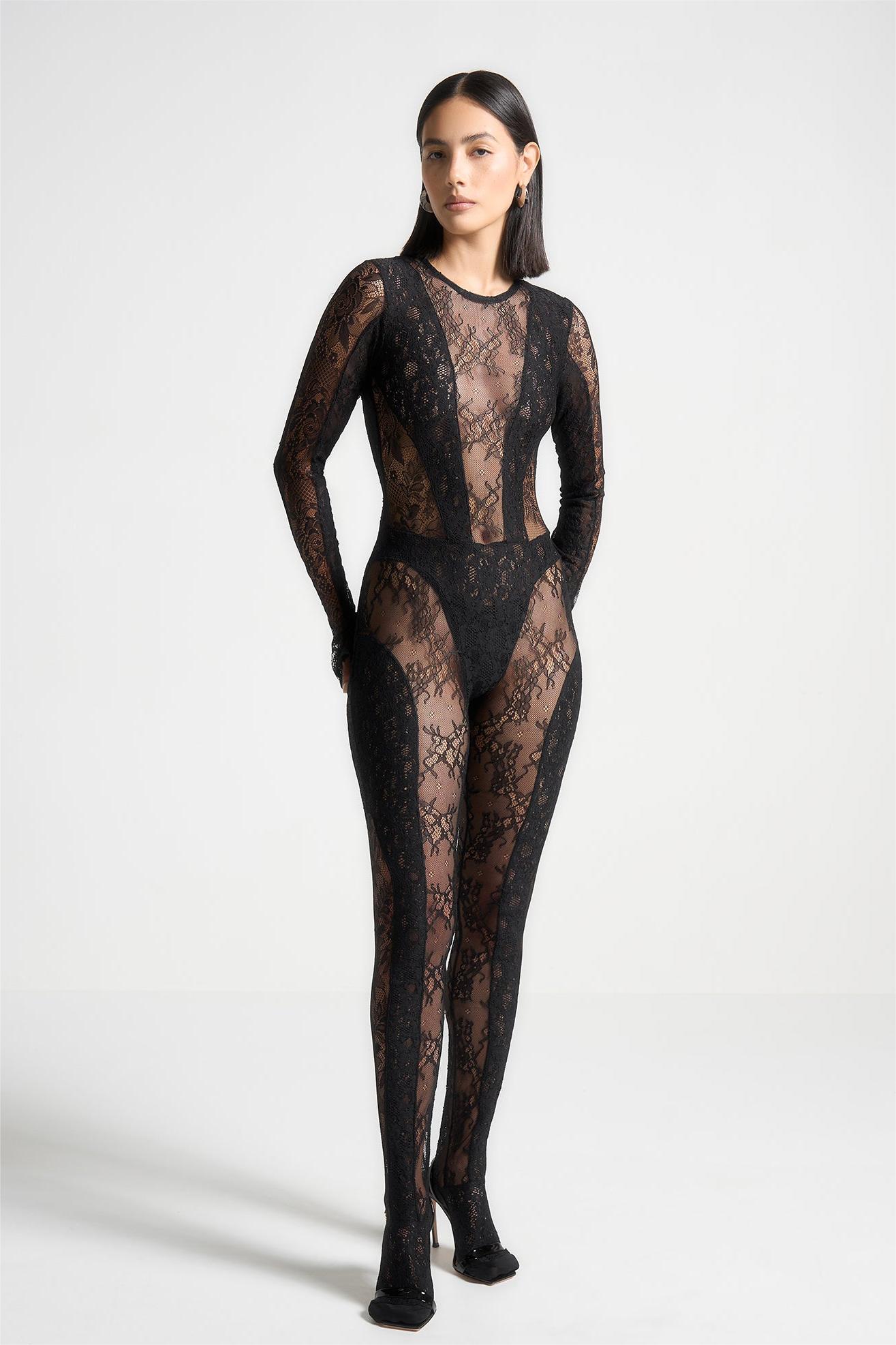 Lace See-Through Long Sleeve Faux Pearl Chain Jumpsuit