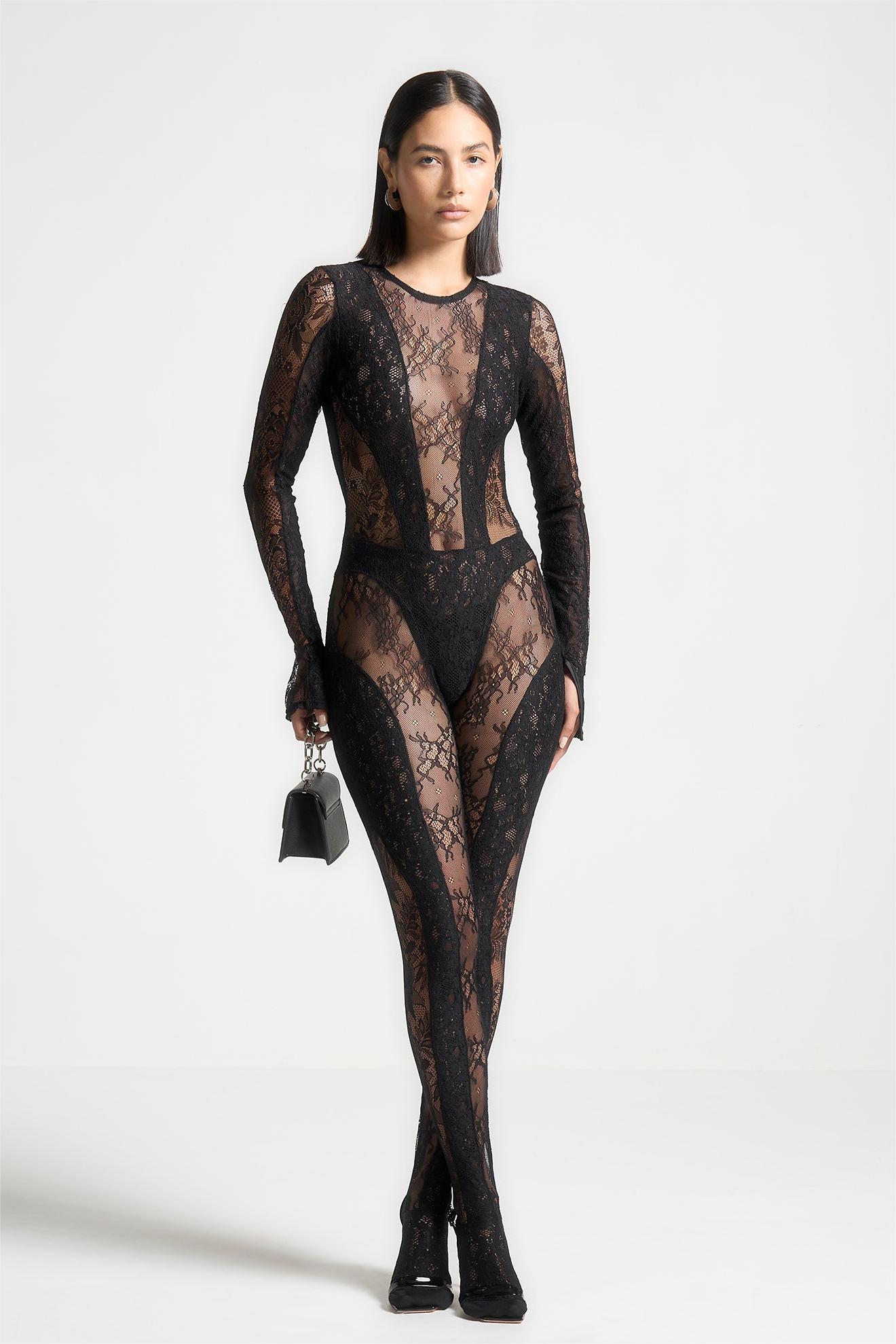Lace See-Through Long Sleeve Faux Pearl Chain Jumpsuit