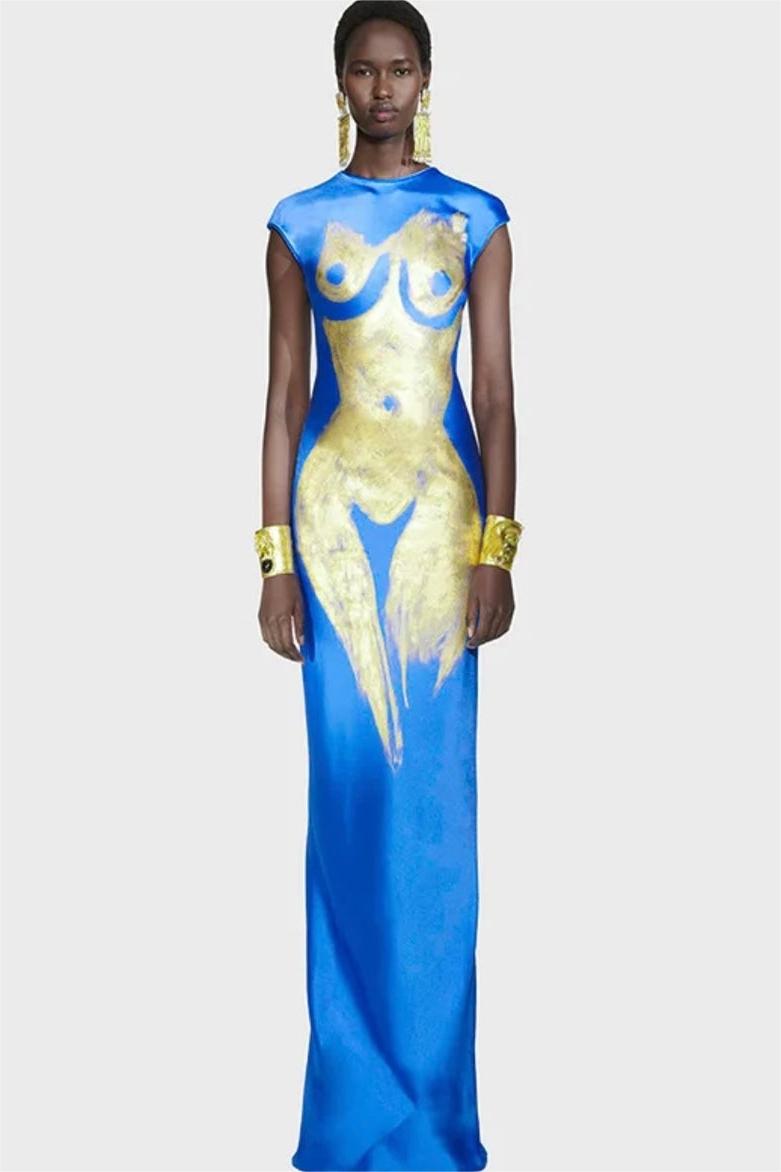 Satin Body-Print Sleeveless Maxi Dress