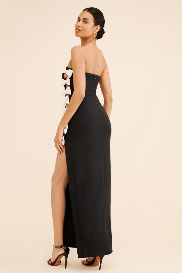 Bow Contrast Color Strapless Midi Dress