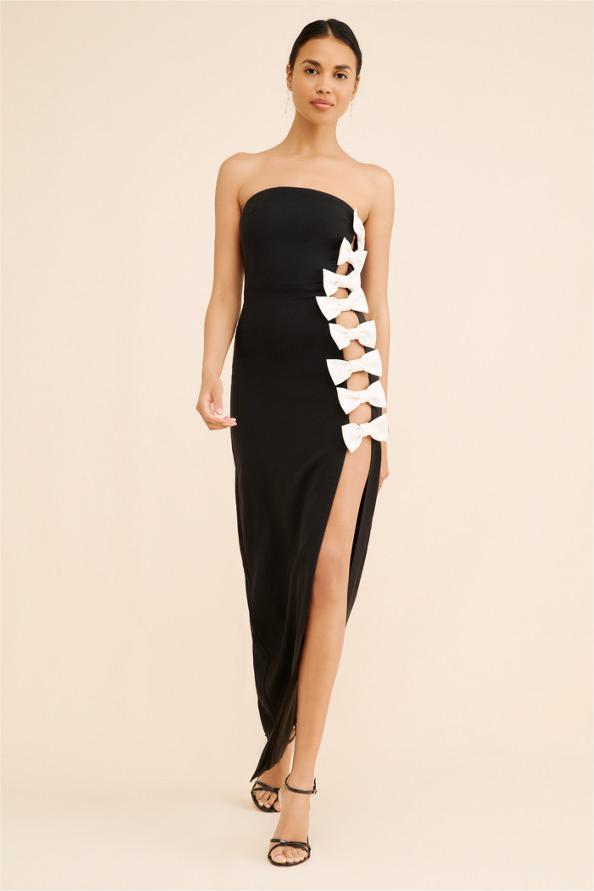 Bow Contrast Color Strapless Midi Dress