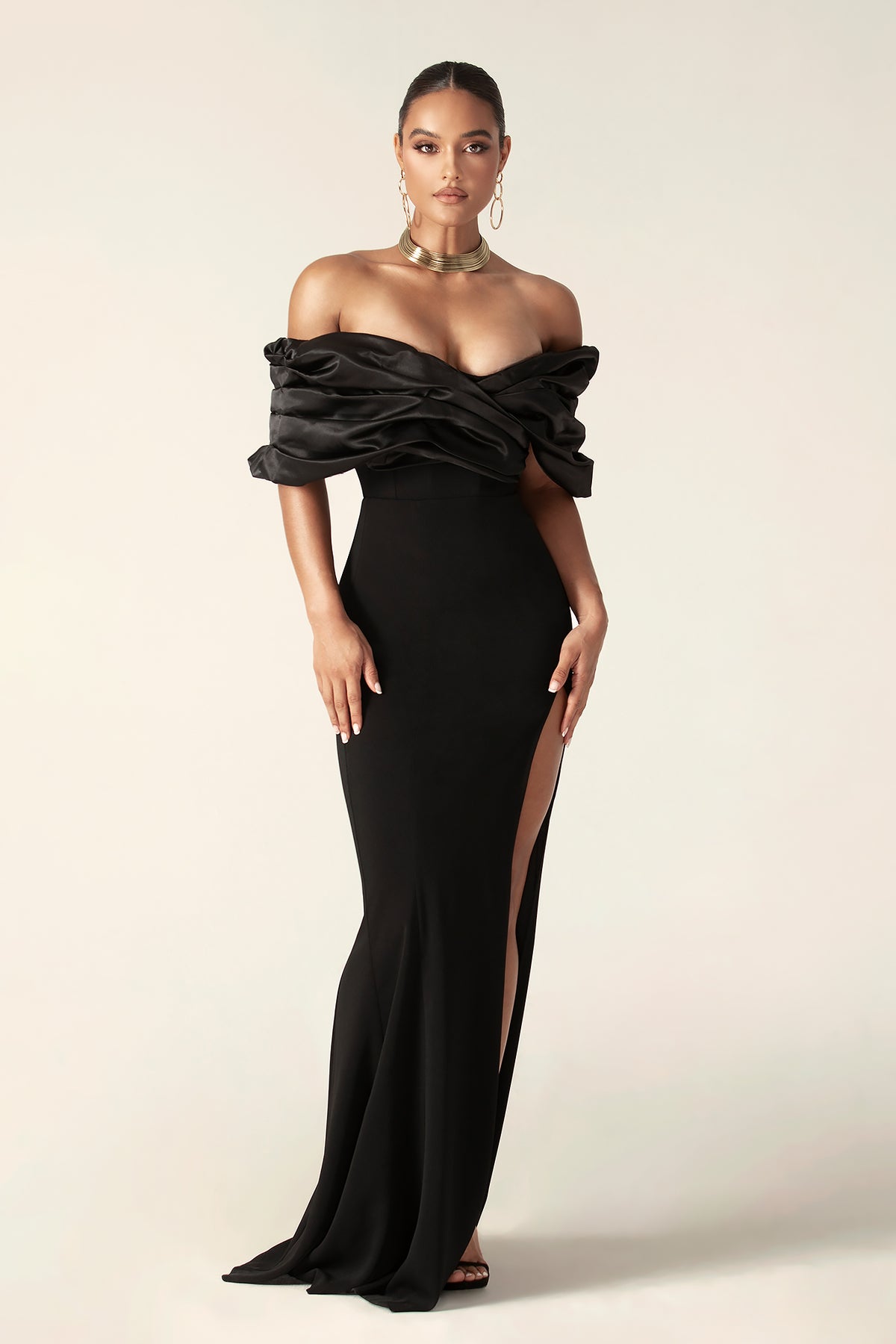 Satin Splicing Off Shoulder Split Maxi Dress
