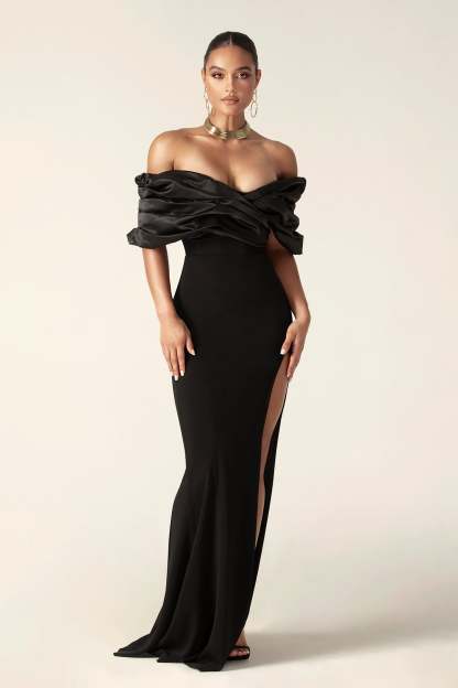 Satin Splicing Off Shoulder Split Maxi Dress
