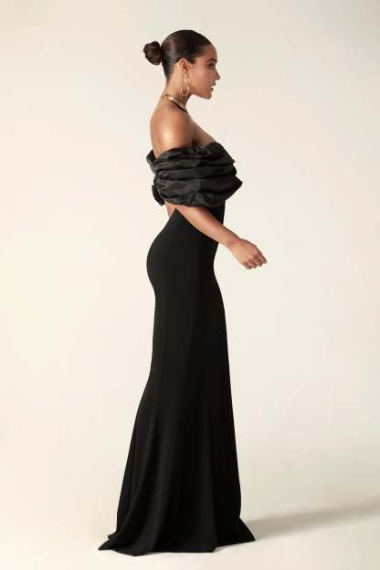 Satin Splicing Off Shoulder Split Maxi Dress