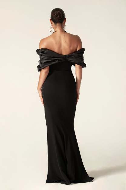 Satin Splicing Off Shoulder Split Maxi Dress