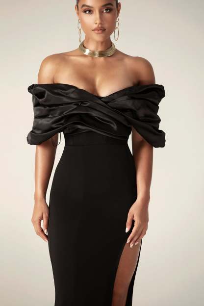 Satin Splicing Off Shoulder Split Maxi Dress