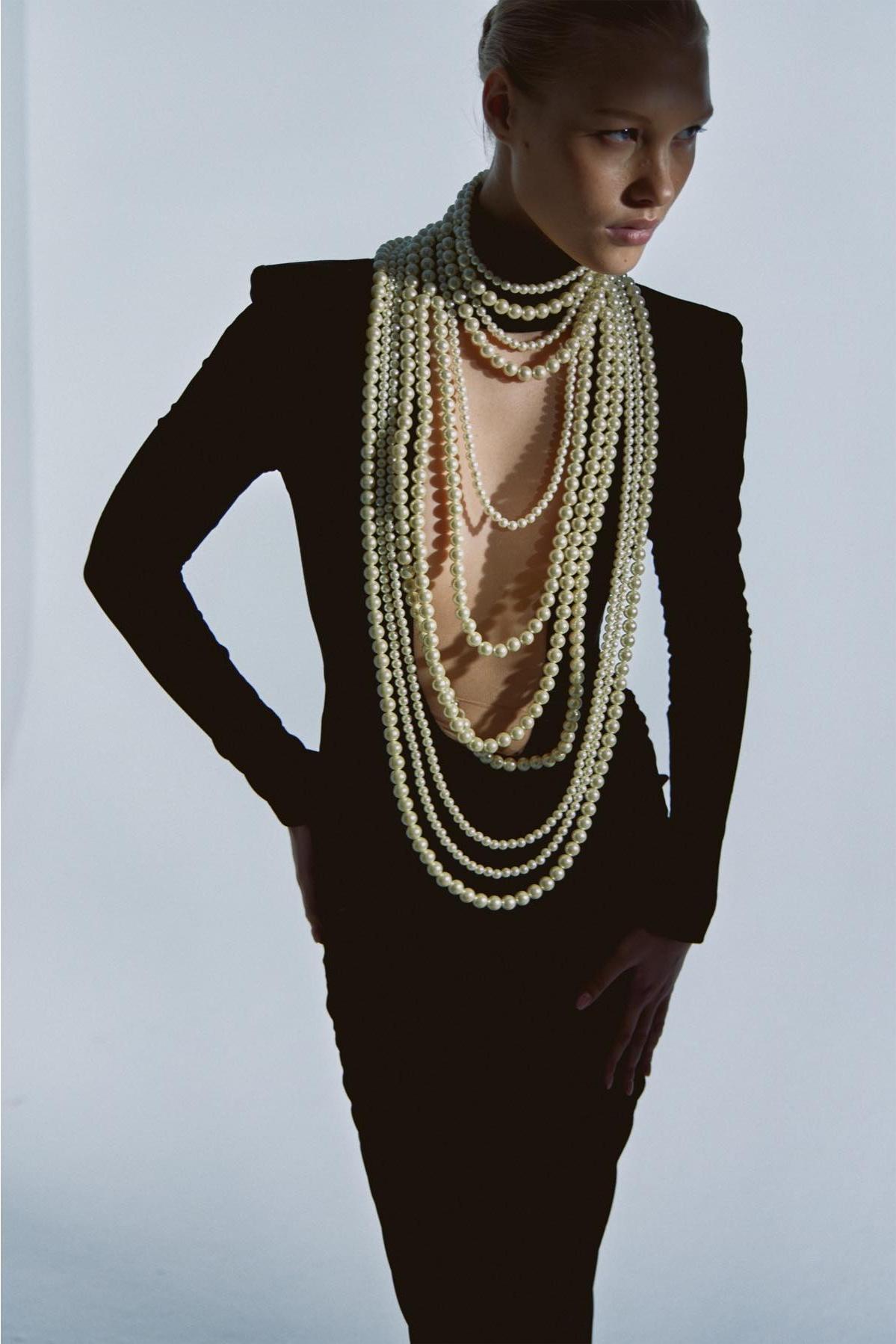 Faux Pearl Multi-Layered Necklace Long Sleeve Maxi Dress