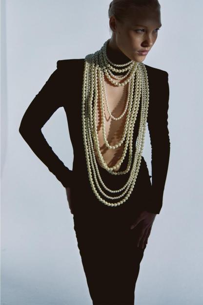 Faux Pearl Multi-Layered Necklace Long Sleeve Maxi Dress