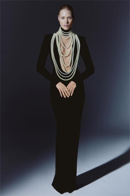 Faux Pearl Multi-Layered Necklace Long Sleeve Maxi Dress