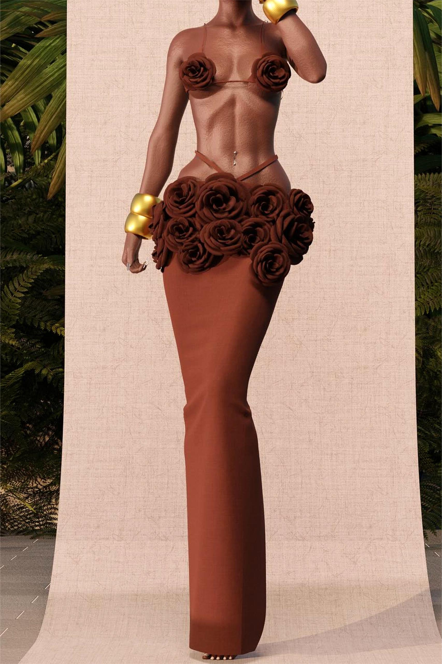3D Flower Slip Top & Low Waist Cut Out Maxi Skirt Set