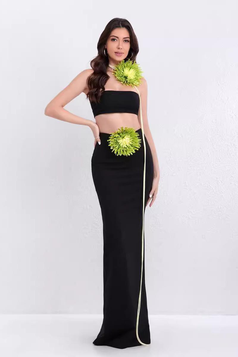 3D Flower Solid Top & Hight Waist Maxi Skirt Set