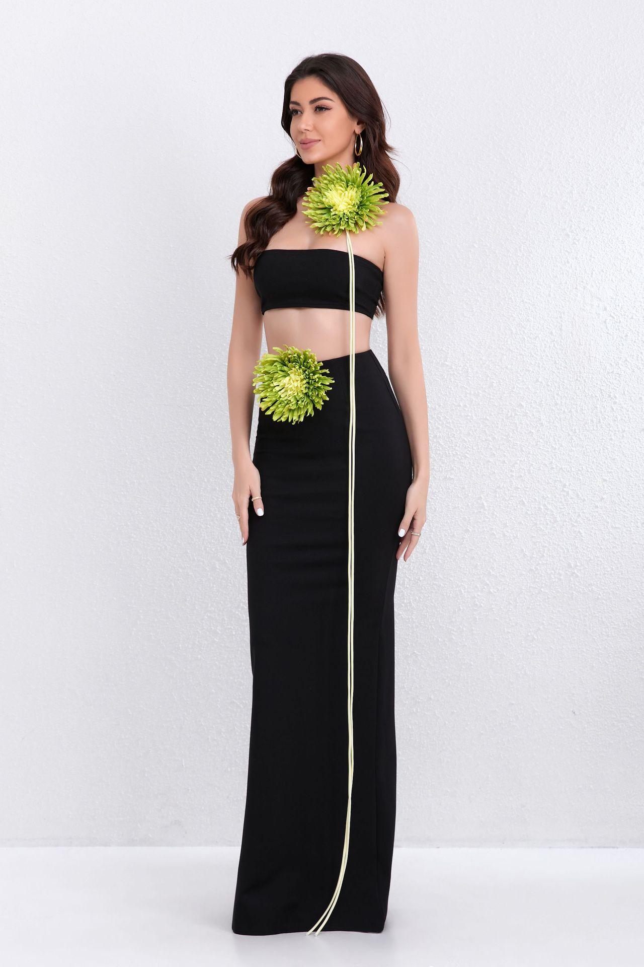 3D Flower Solid Top & Hight Waist Maxi Skirt Set