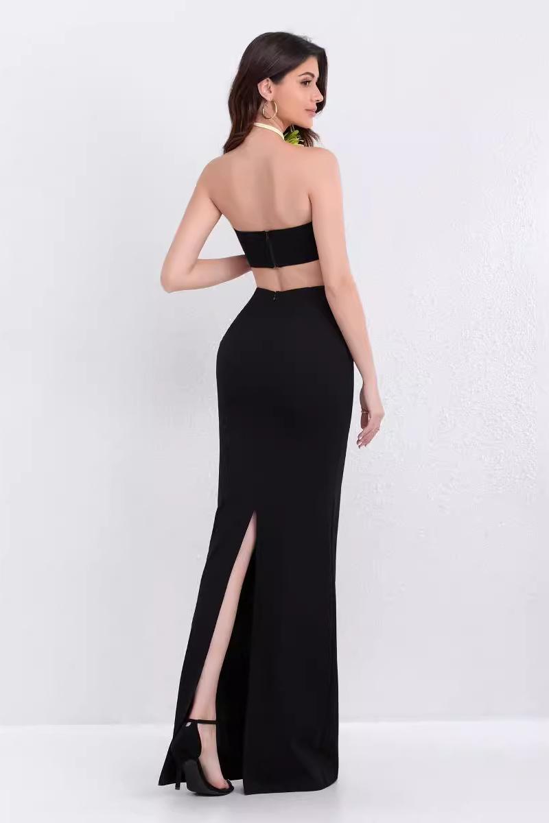 3D Flower Solid Top & Hight Waist Maxi Skirt Set