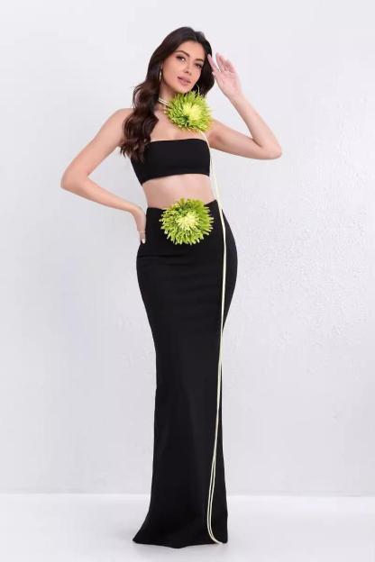 3D Flower Solid Top & Hight Waist Maxi Skirt Set