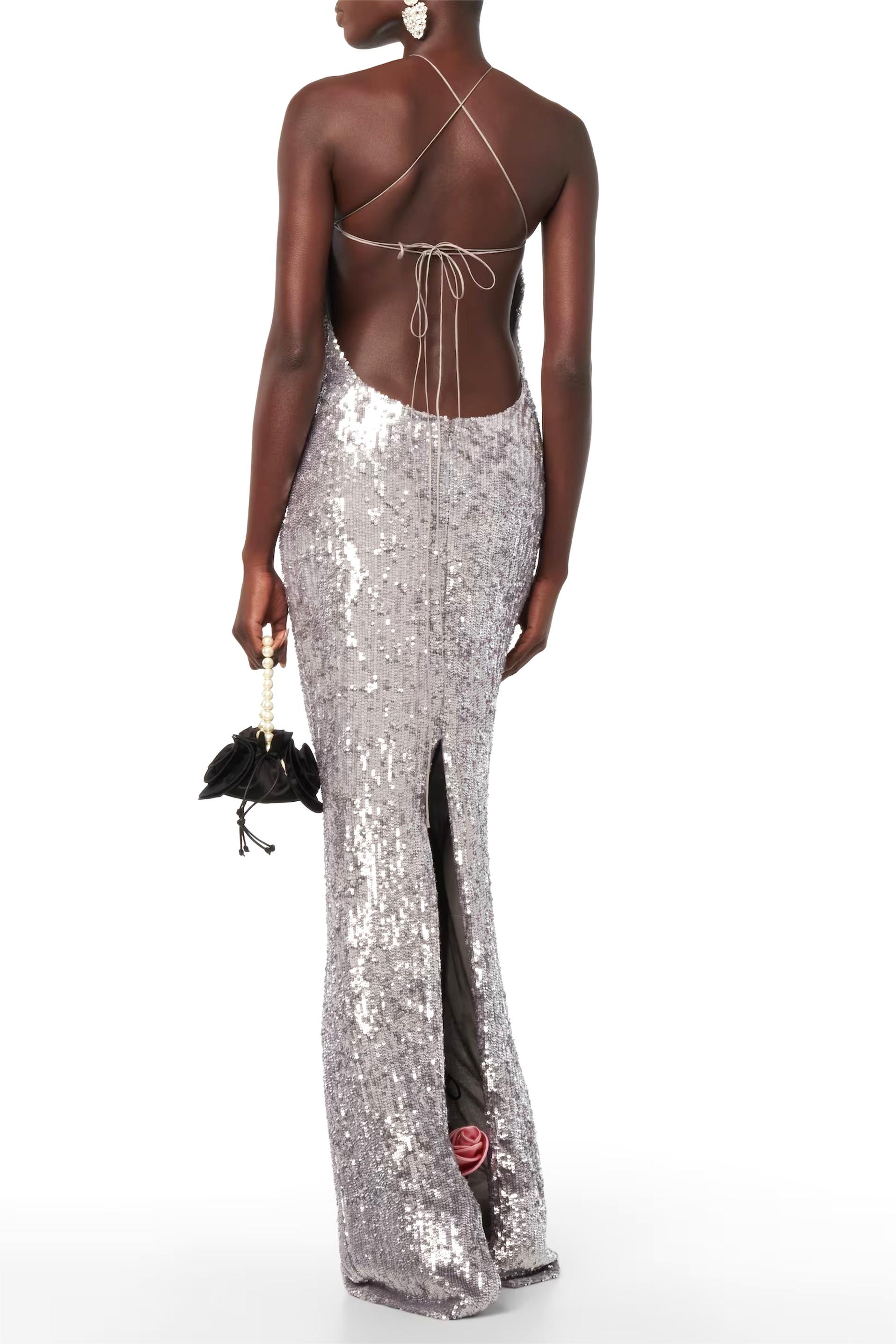 3D Flower Solid Sequin Halter Neck Maxi Dress