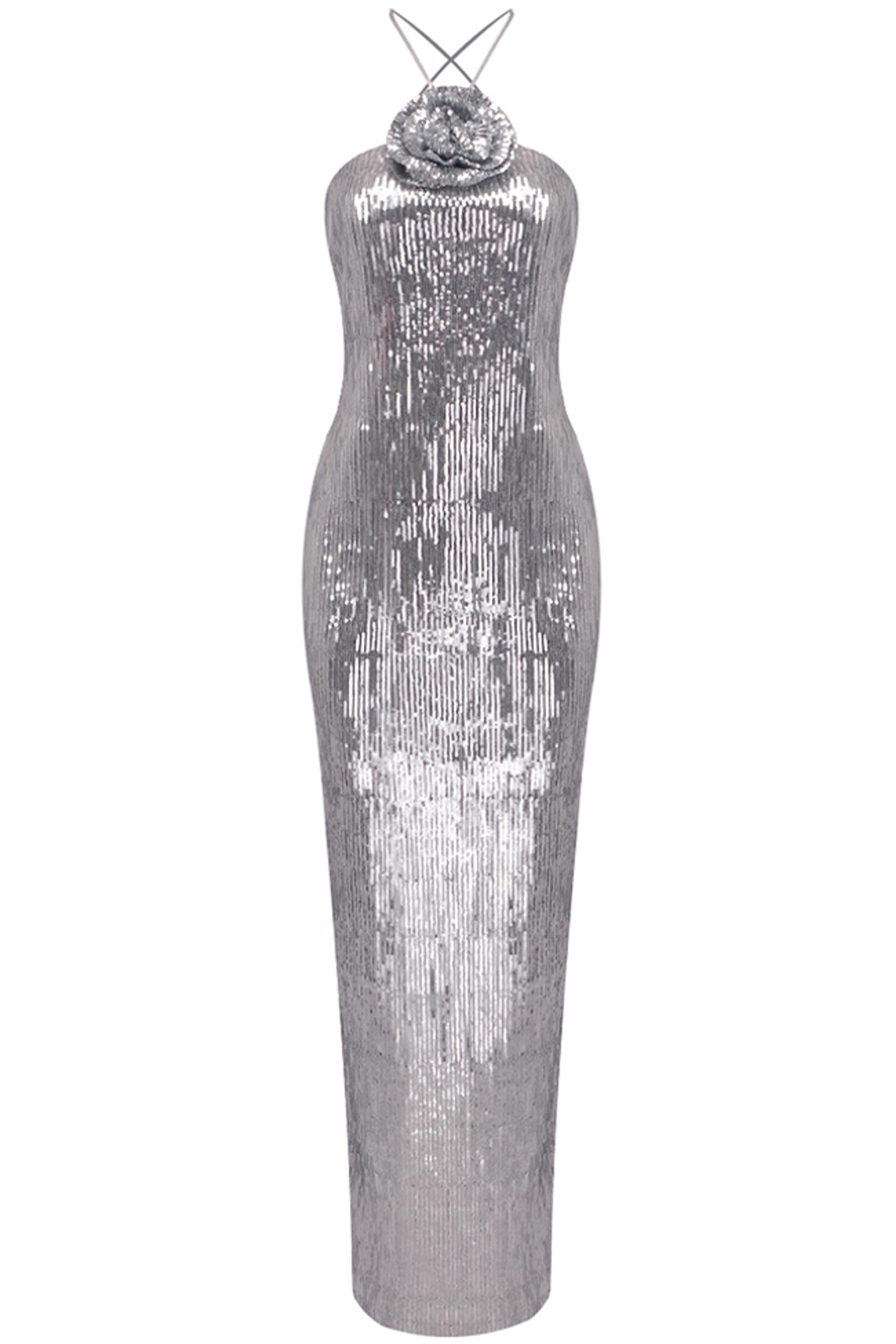 3D Flower Solid Sequin Halter Neck Maxi Dress