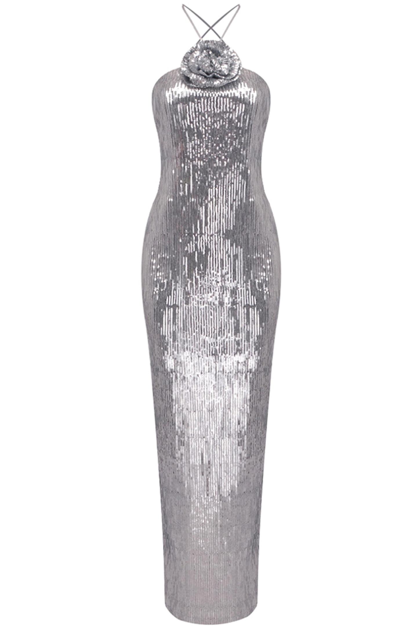 3D Flower Solid Sequin Halter Neck Maxi Dress