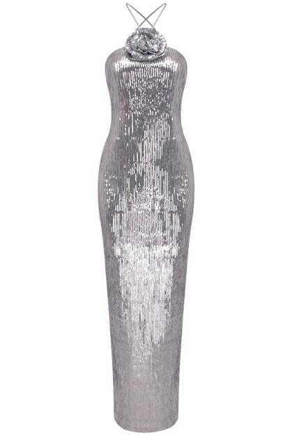 3D Flower Solid Sequin Halter Neck Maxi Dress