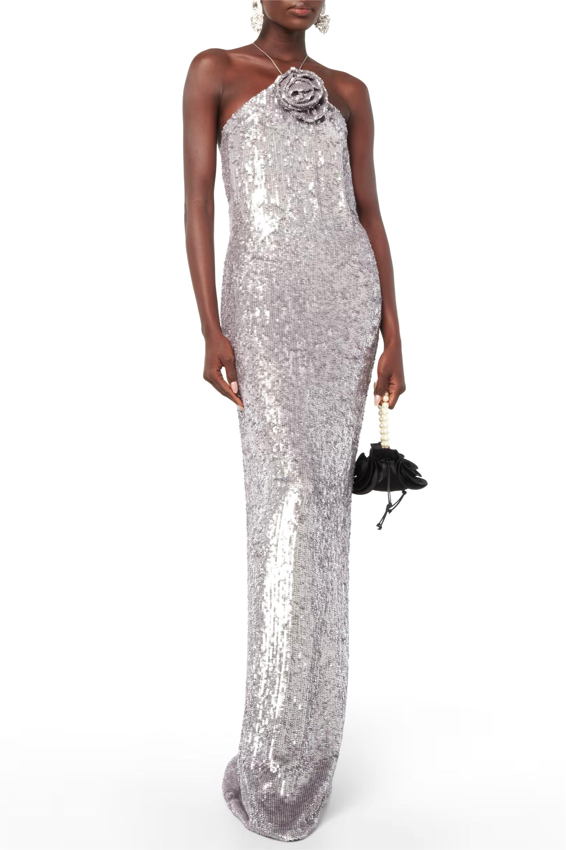 3D Flower Solid Sequin Halter Neck Maxi Dress