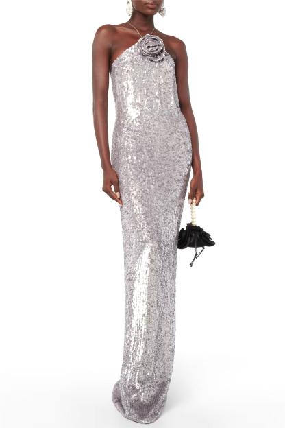 3D Flower Solid Sequin Halter Neck Maxi Dress