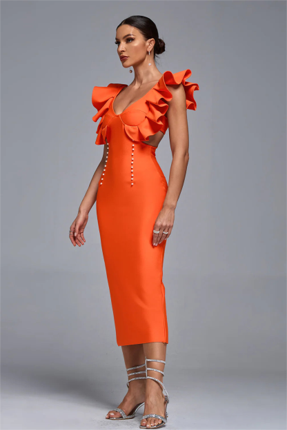 Solid Cut Out Faux Pearl Midi Dress