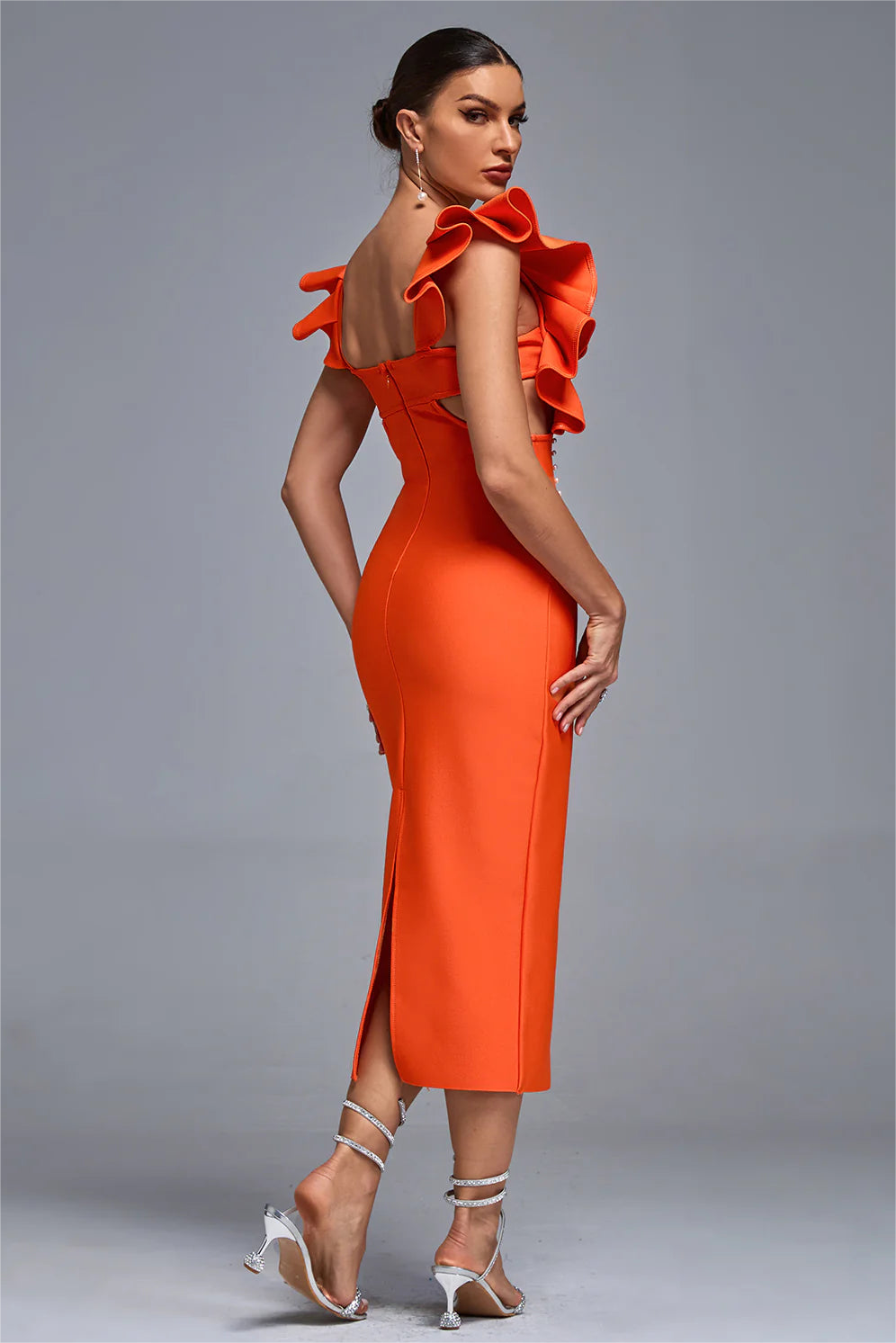 Solid Cut Out Faux Pearl Midi Dress