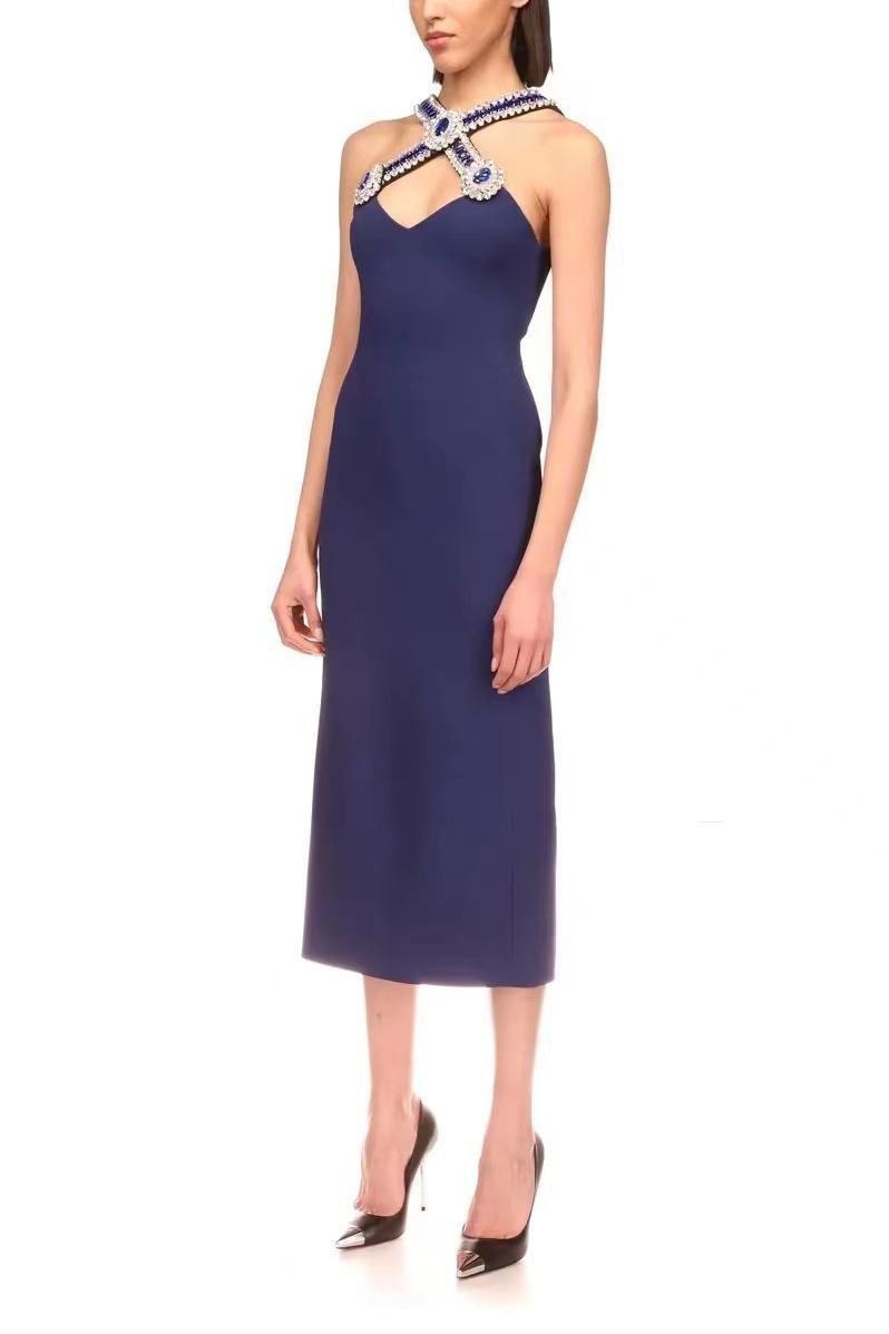 Rhinestone Solid Cut Out Sleeveless Midi Dress