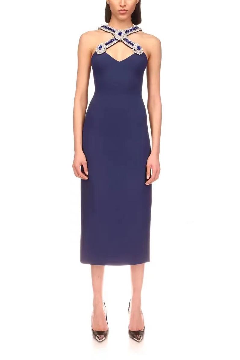 Rhinestone Solid Cut Out Sleeveless Midi Dress