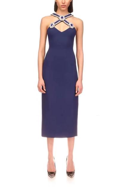 Rhinestone Solid Cut Out Sleeveless Midi Dress