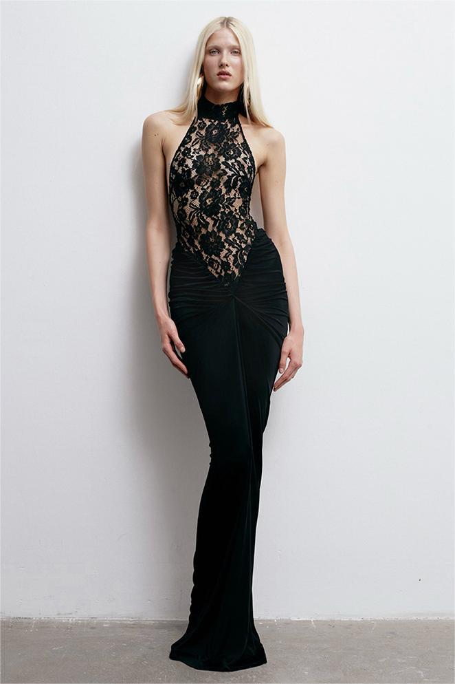 Lace Gathering Halter Neck Maxi Dress