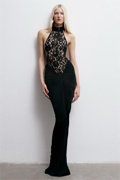 Lace Gathering Halter Neck Maxi Dress