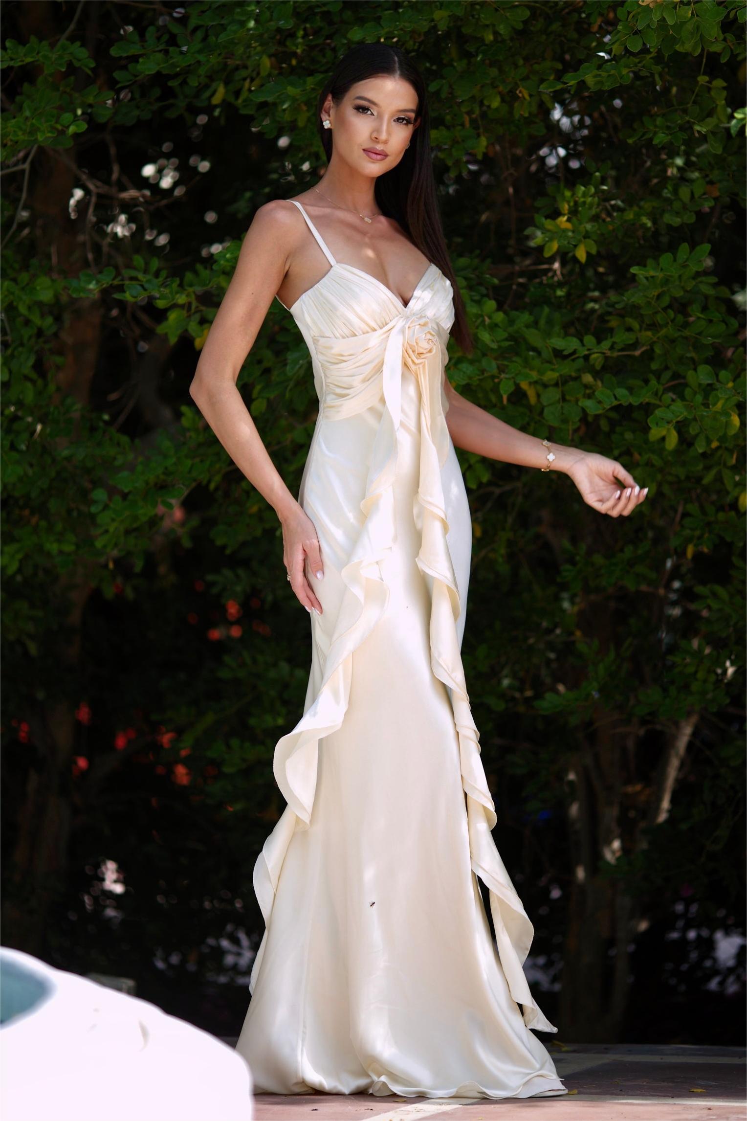 Satin Gathering Ruffle Off Shoulder Maxi Dress