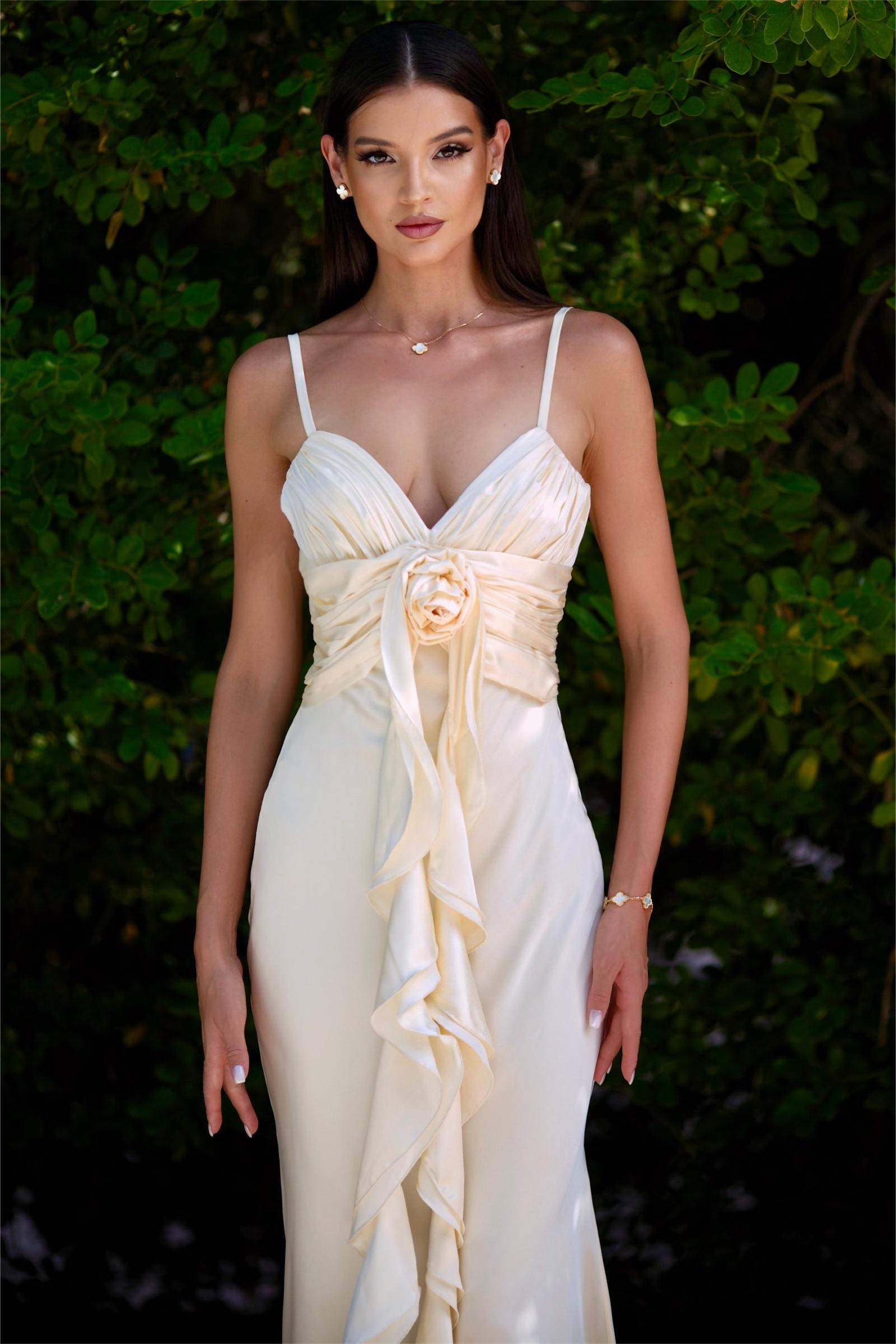 Satin Gathering Ruffle Off Shoulder Maxi Dress