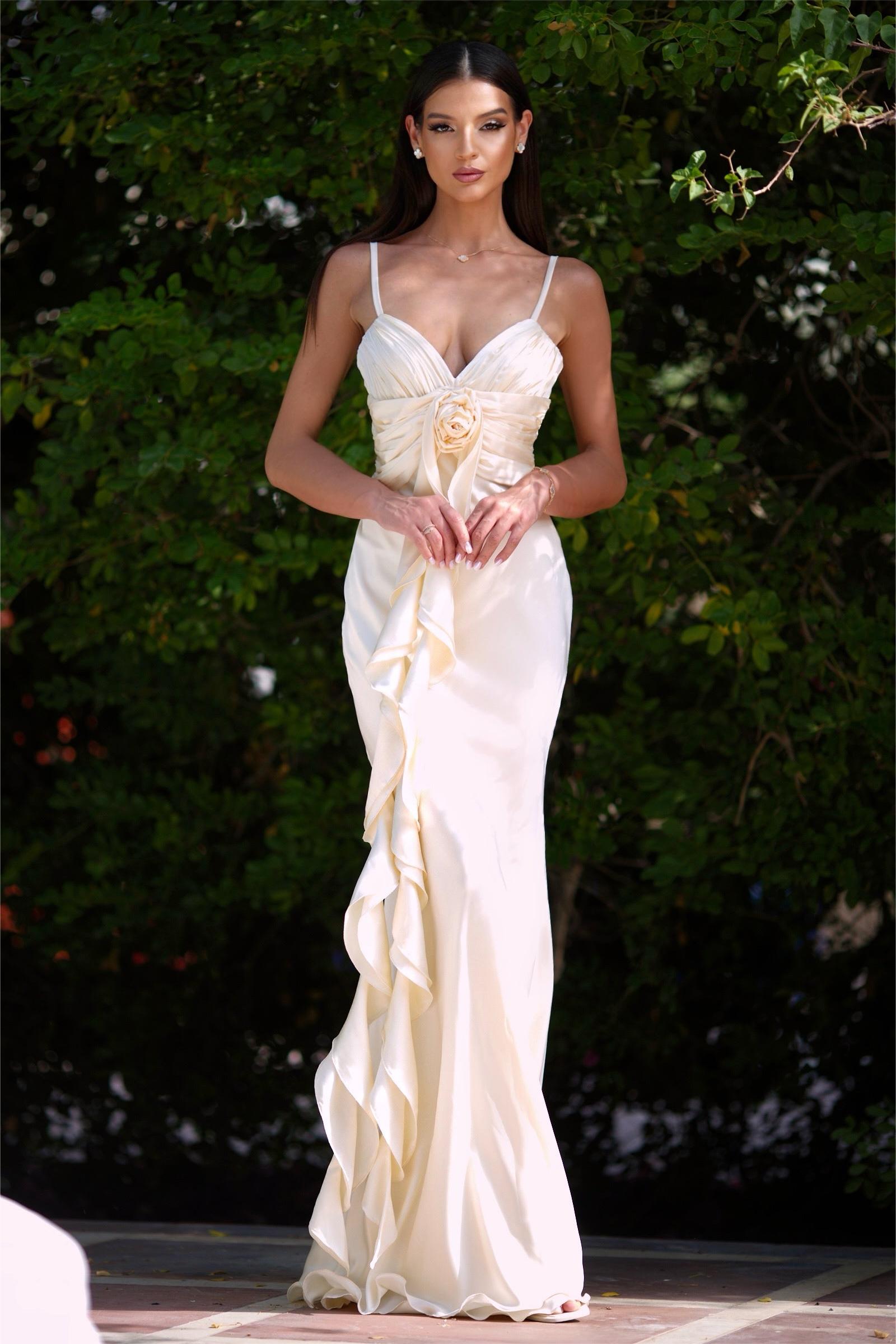 Satin Gathering Ruffle Off Shoulder Maxi Dress