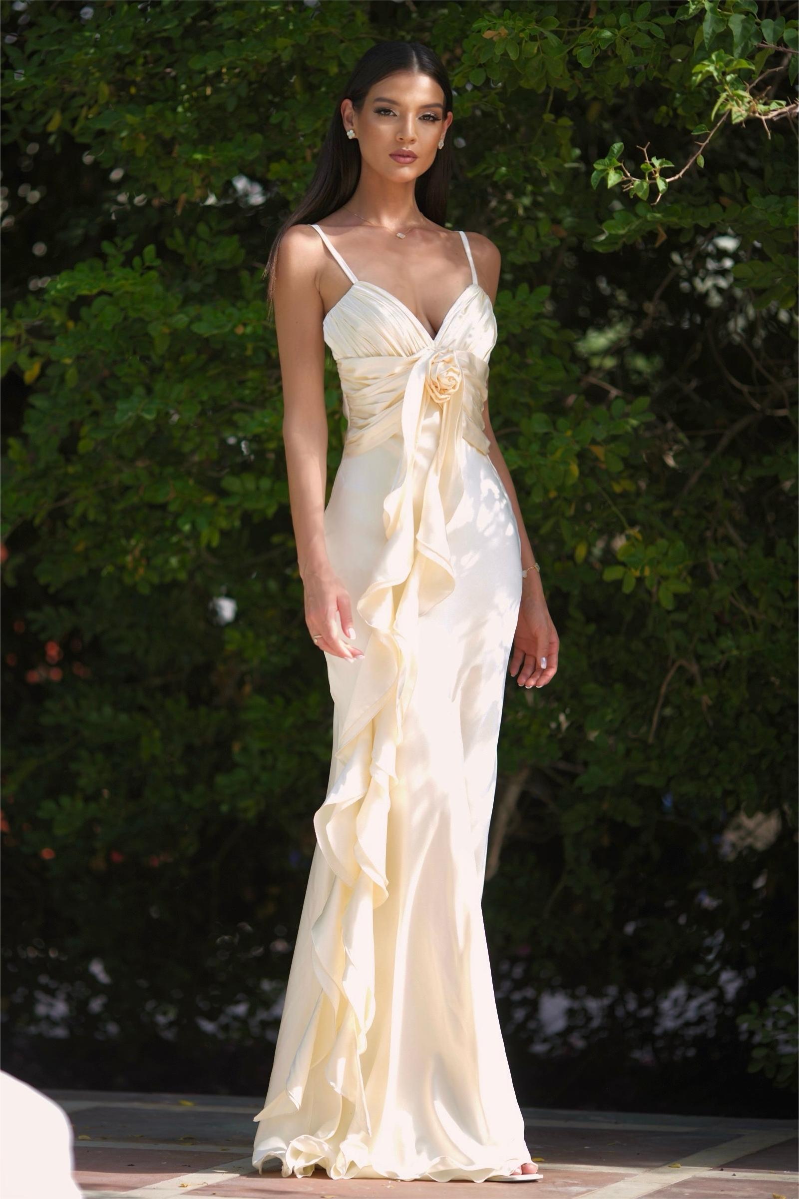 Satin Gathering Ruffle Off Shoulder Maxi Dress