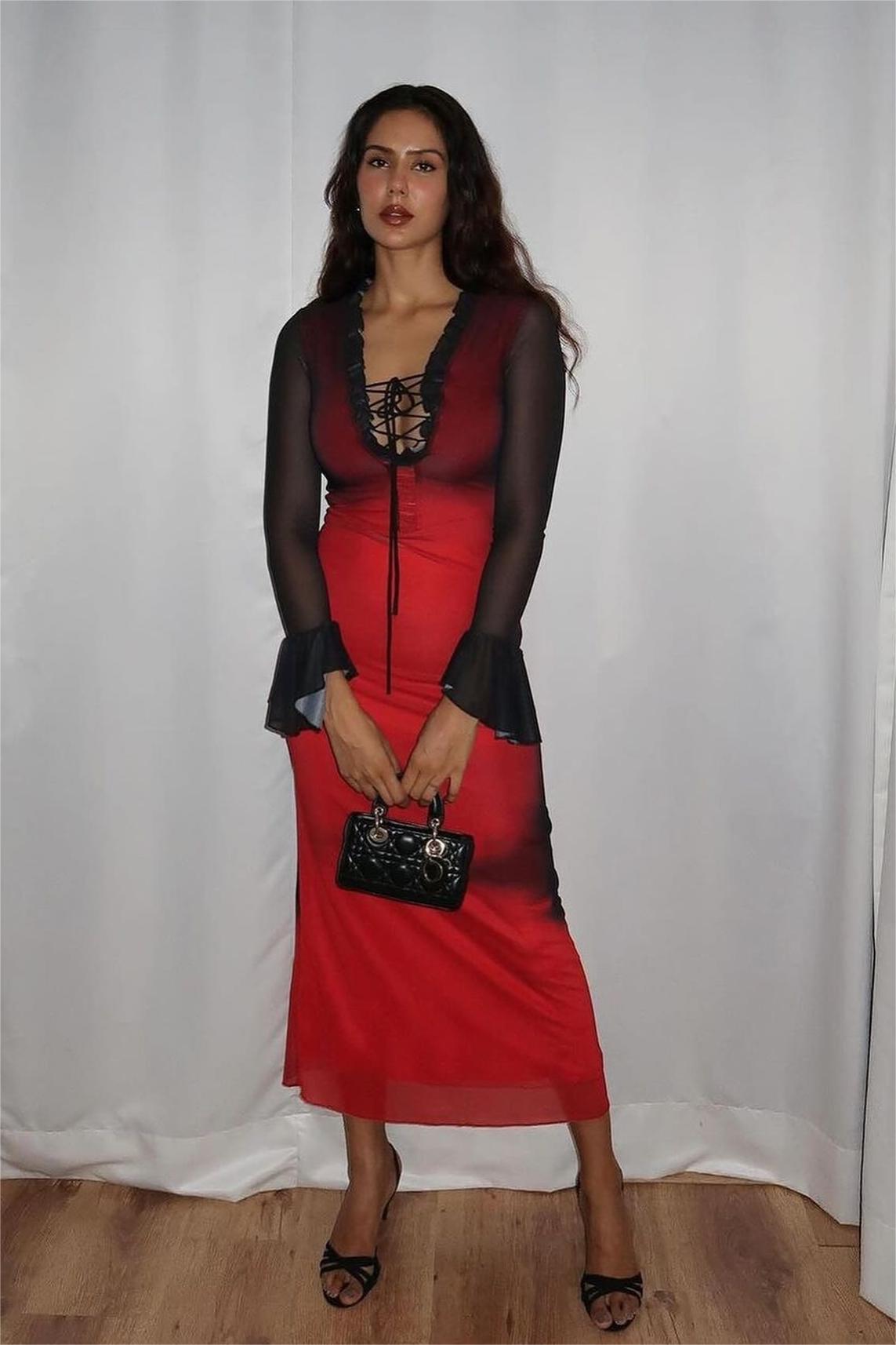 Mesh Lace Up Ball Sleeve Midi Dress