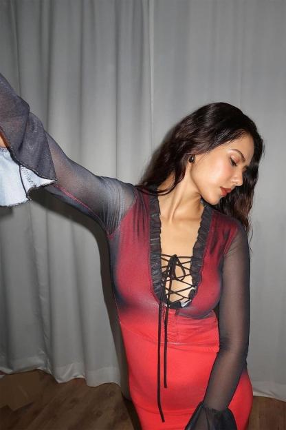 Mesh Lace Up Ball Sleeve Midi Dress