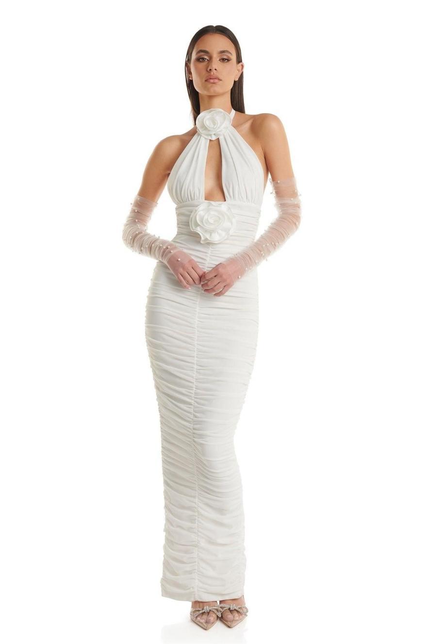 3D Flower Ruched Halter Neck Midi Dress