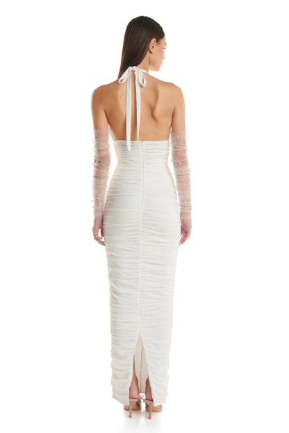 3D Flower Ruched Halter Neck Midi Dress