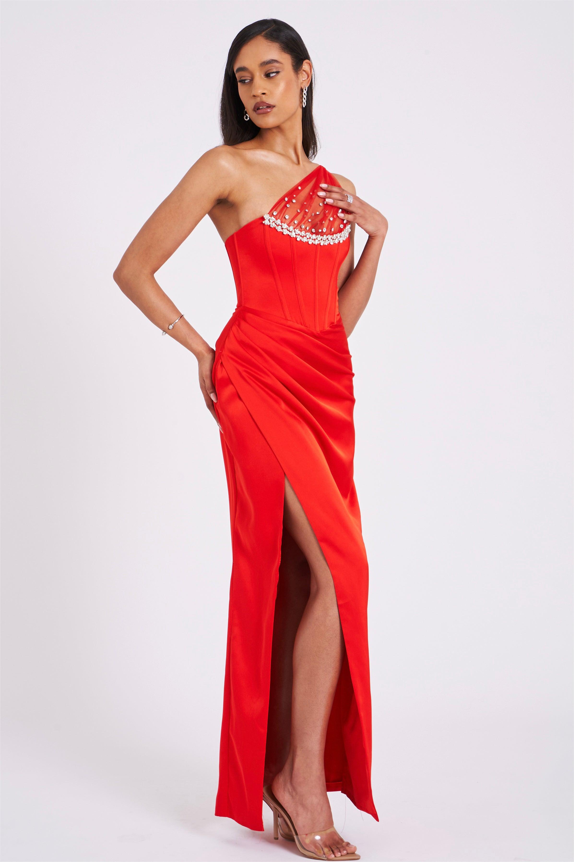 Satin Faux Pearl One Shoulder Midi Dress