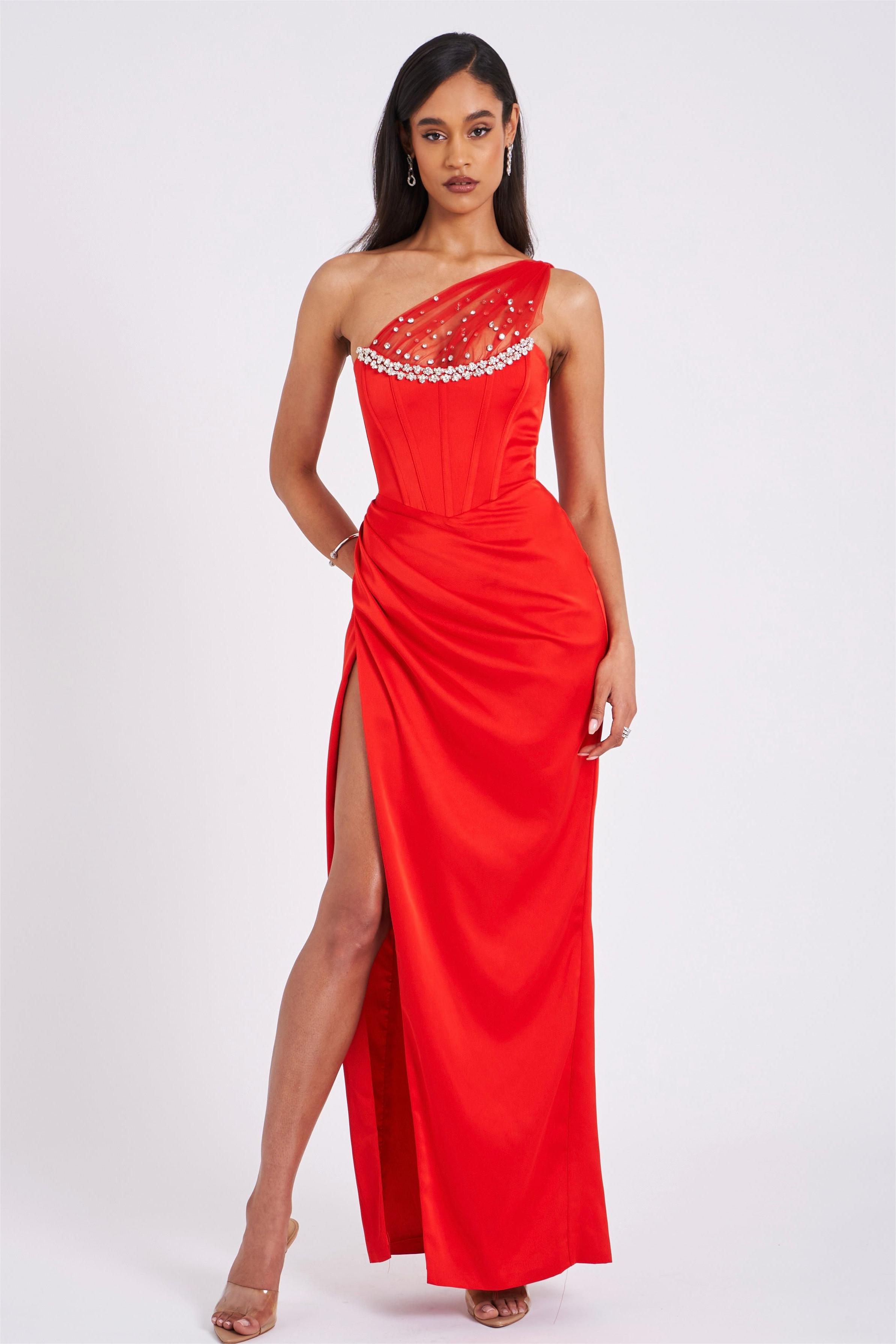 Satin Faux Pearl One Shoulder Midi Dress