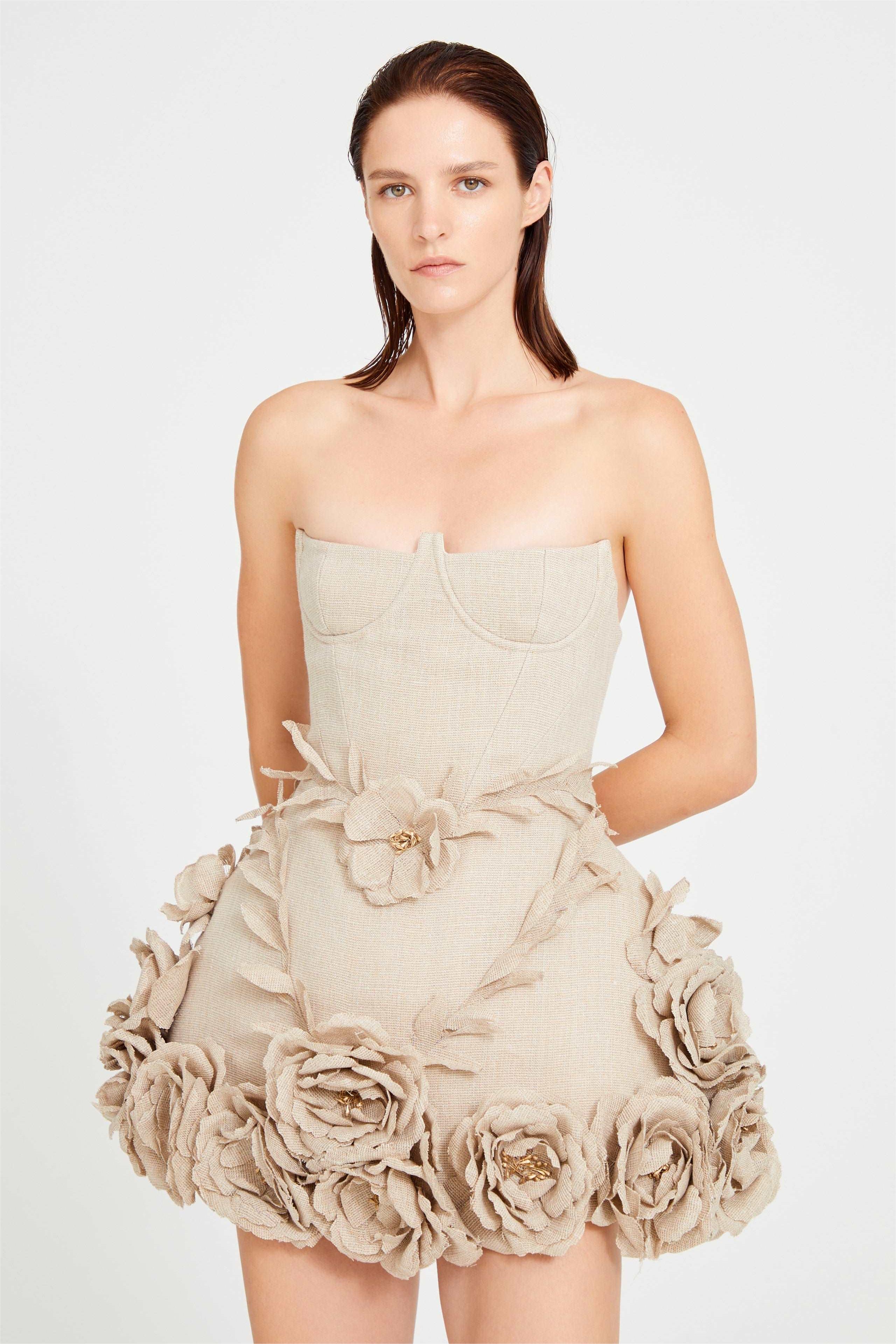 3D Flower Linen Strapless Corset Mini Dress